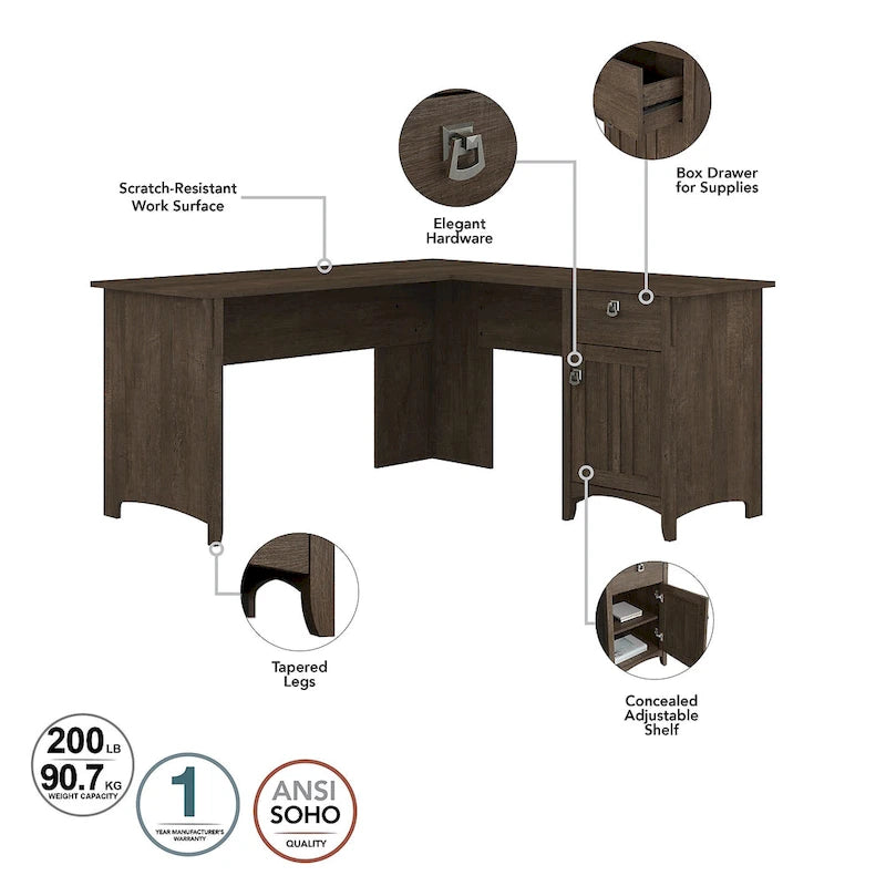 Salinas 60W L Desk with Hutch, Cabinet and Bookcase by Bush Furniture