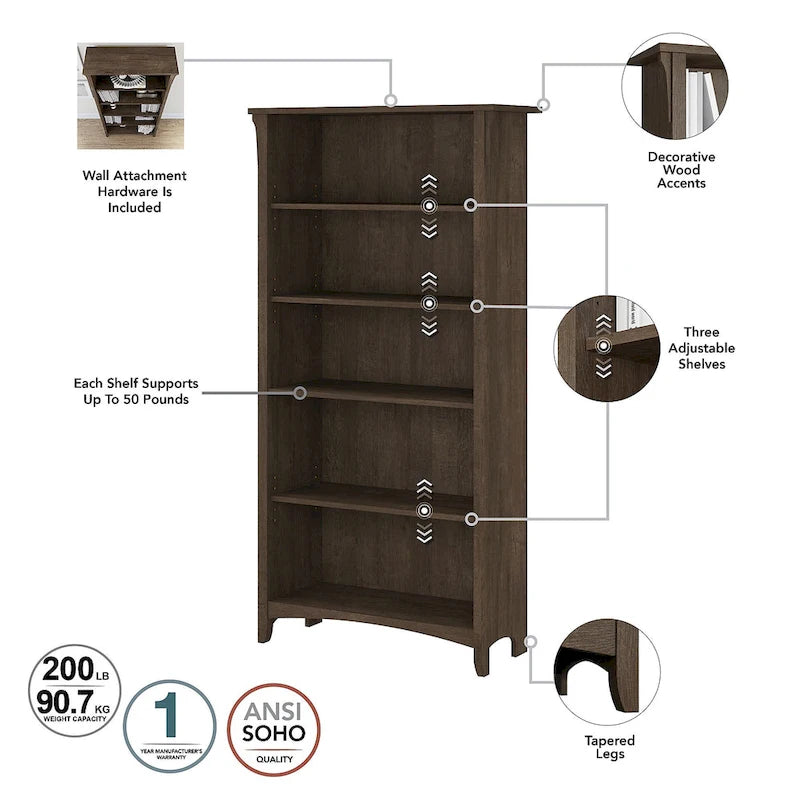 Salinas 60W L Desk with Hutch, Cabinet and Bookcase by Bush Furniture