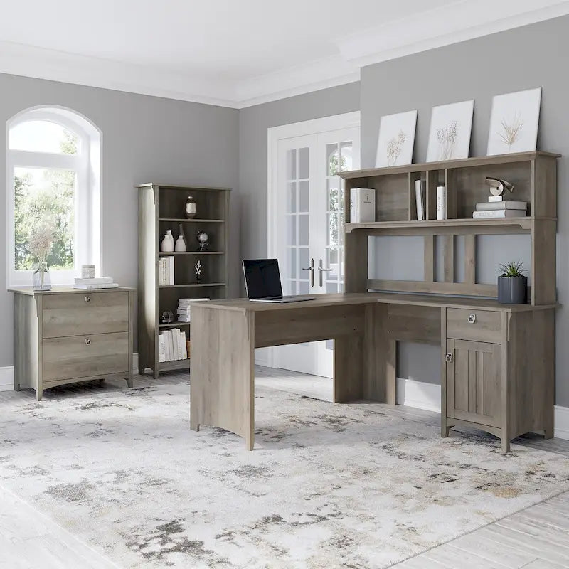 Salinas 60W L Desk with Hutch, Cabinet and Bookcase by Bush Furniture