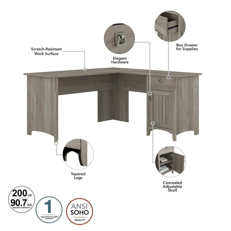 Salinas 60W L Desk with Hutch, Cabinet and Bookcase by Bush Furniture