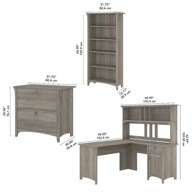 Salinas 60W L Desk with Hutch, Cabinet and Bookcase by Bush Furniture