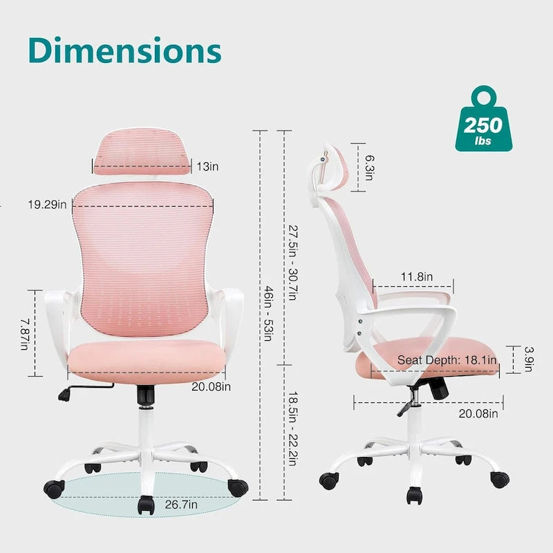 Ergonomic Office Chair, Comfy Computer Desk Chair Mesh High Back with Fixed Arms and Adjustable Headrest, Swivel RollingChair