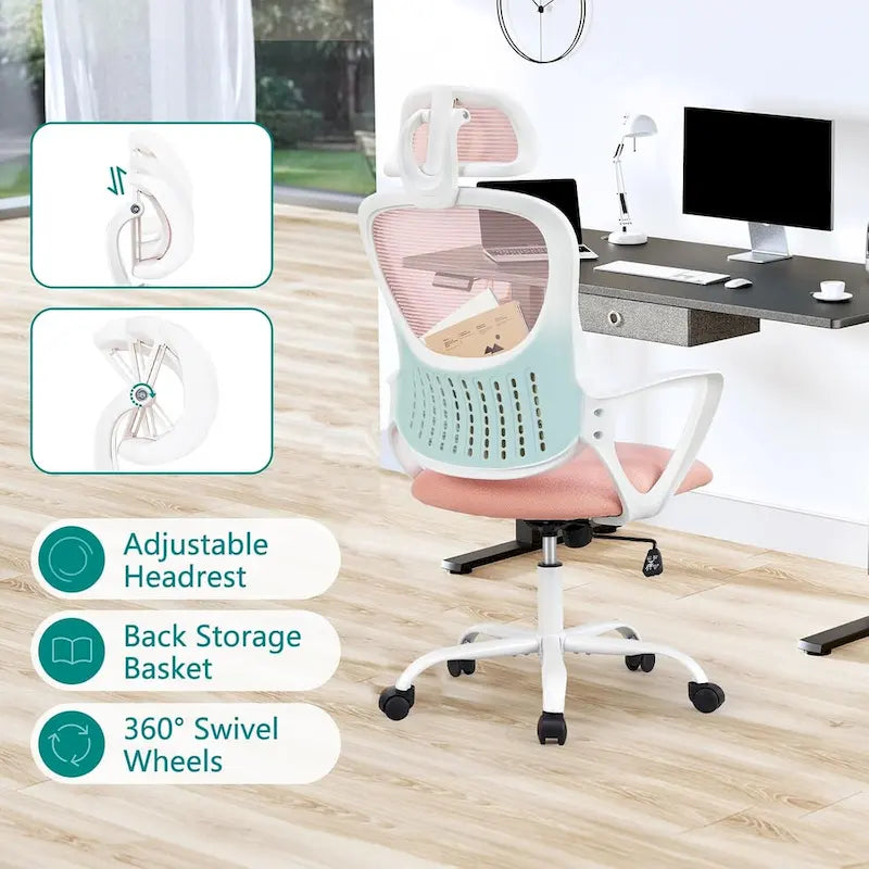 Ergonomic Office Chair, Comfy Computer Desk Chair Mesh High Back with Fixed Arms and Adjustable Headrest, Swivel RollingChair