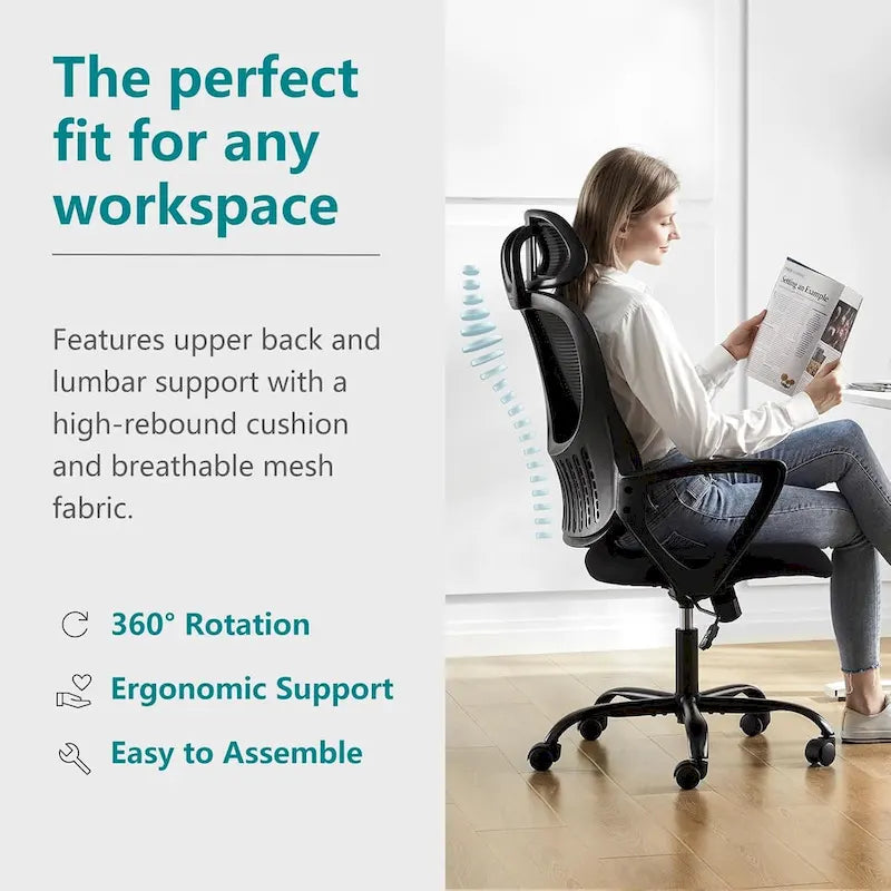 Ergonomic Office Chair, Comfy Computer Desk Chair Mesh High Back with Fixed Arms and Adjustable Headrest, Swivel RollingChair