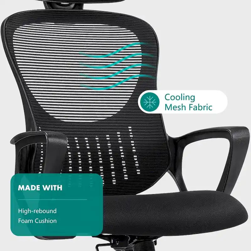 Ergonomic Office Chair, Comfy Computer Desk Chair Mesh High Back with Fixed Arms and Adjustable Headrest, Swivel RollingChair
