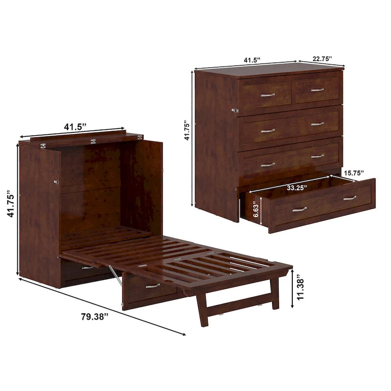 Northfield Twin XL Murphy Bed Chest with Mattress in Walnut