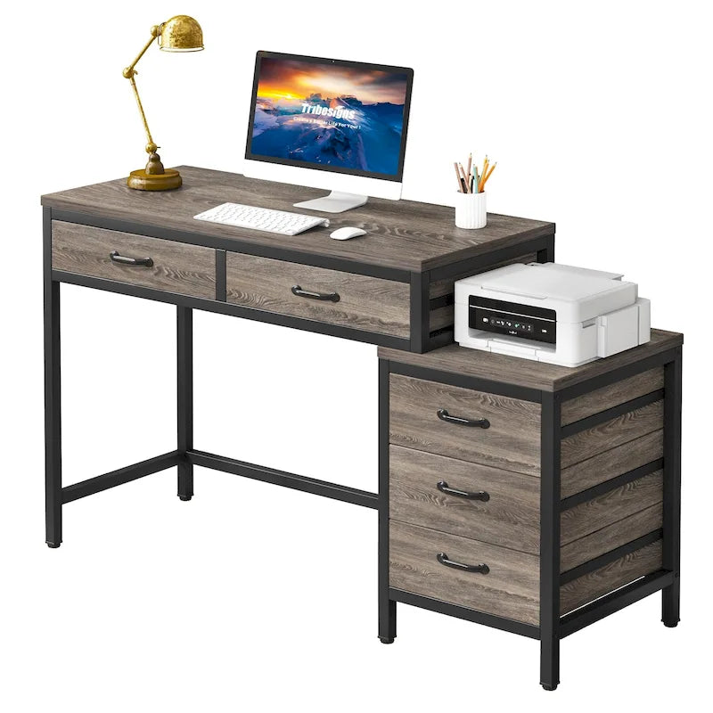 5 Drawers Computer Desk, Study Writing Desk with Reversible Filing Cabinet for Home Office