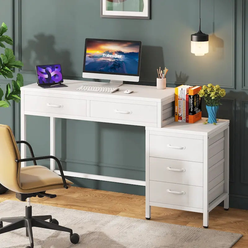 5 Drawers Computer Desk, Study Writing Desk with Reversible Filing Cabinet for Home Office