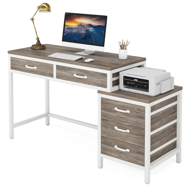 5 Drawers Computer Desk, Study Writing Desk with Reversible Filing Cabinet for Home Office