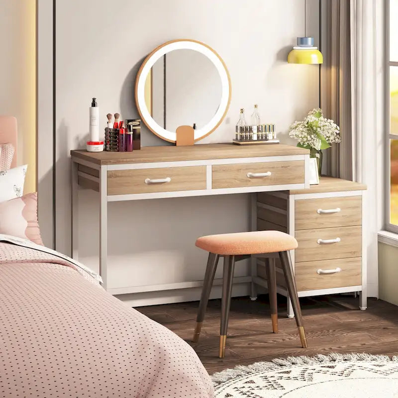 5 Drawers Computer Desk, Study Writing Desk with Reversible Filing Cabinet for Home Office