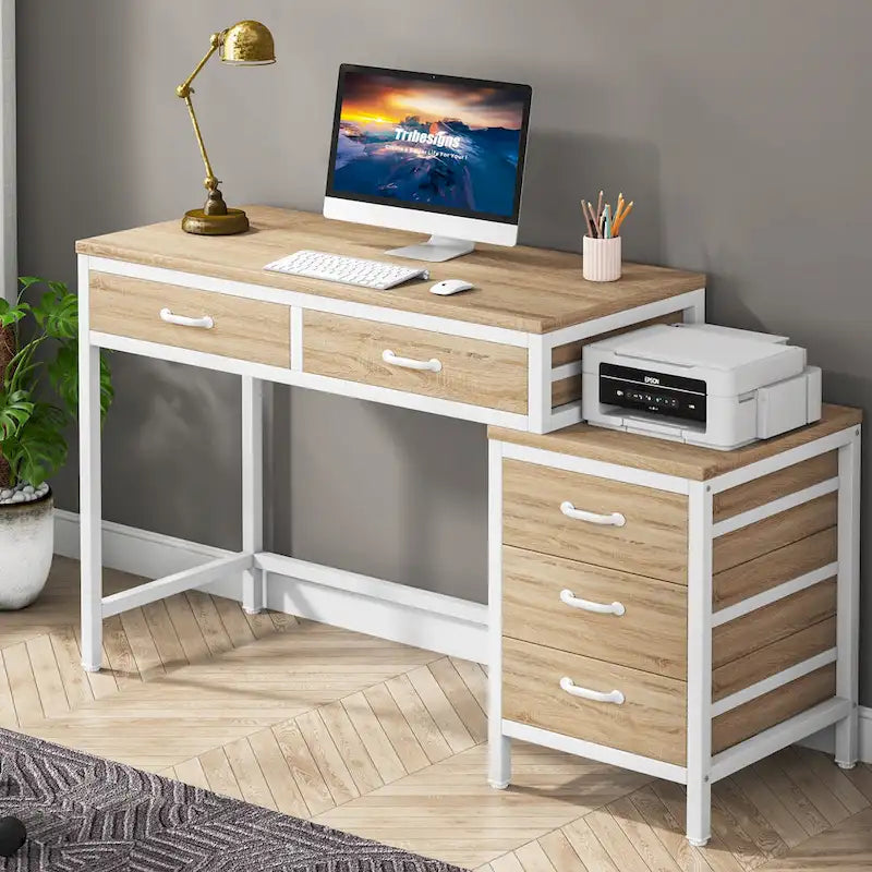 5 Drawers Computer Desk, Study Writing Desk with Reversible Filing Cabinet for Home Office