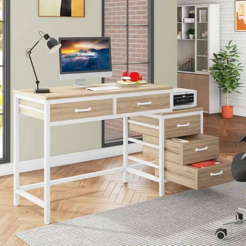 5 Drawers Computer Desk, Study Writing Desk with Reversible Filing Cabinet for Home Office