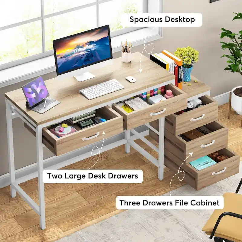 5 Drawers Computer Desk, Study Writing Desk with Reversible Filing Cabinet for Home Office