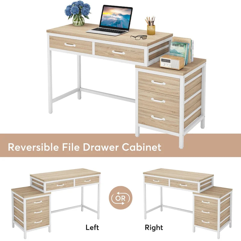 5 Drawers Computer Desk, Study Writing Desk with Reversible Filing Cabinet for Home Office