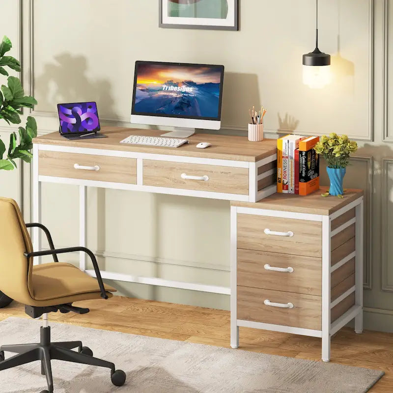 5 Drawers Computer Desk, Study Writing Desk with Reversible Filing Cabinet for Home Office