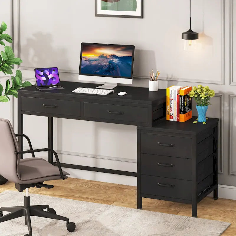 5 Drawers Computer Desk, Study Writing Desk with Reversible Filing Cabinet for Home Office