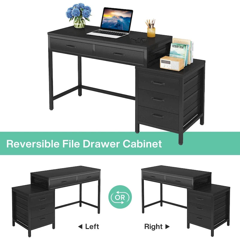 5 Drawers Computer Desk, Study Writing Desk with Reversible Filing Cabinet for Home Office