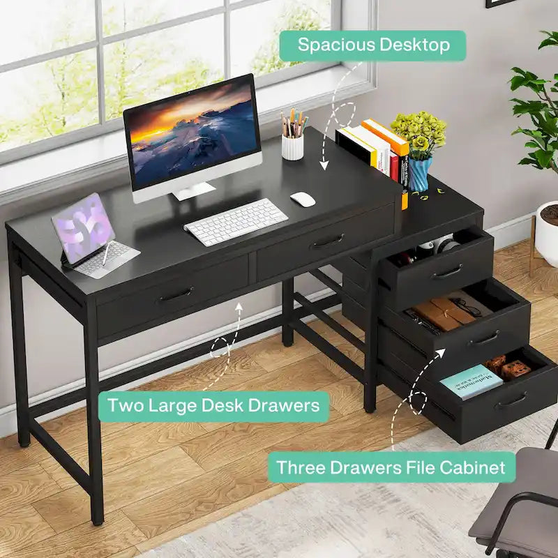 5 Drawers Computer Desk, Study Writing Desk with Reversible Filing Cabinet for Home Office