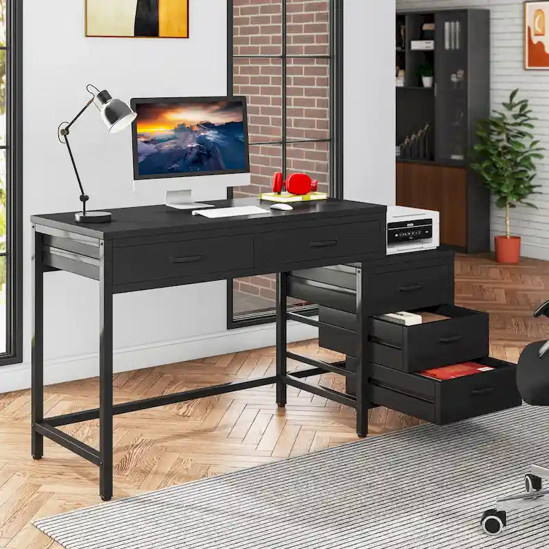 5 Drawers Computer Desk, Study Writing Desk with Reversible Filing Cabinet for Home Office