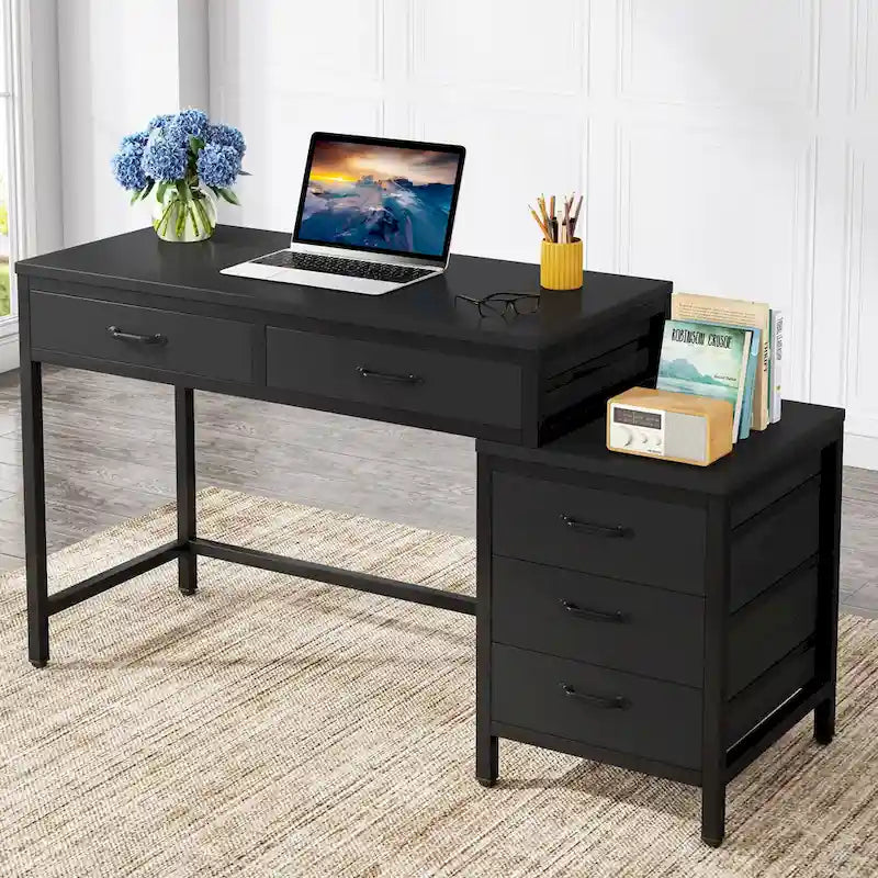 5 Drawers Computer Desk, Study Writing Desk with Reversible Filing Cabinet for Home Office