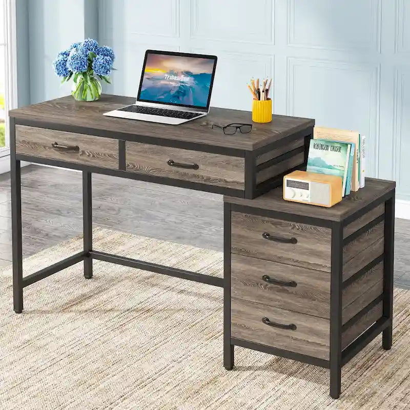 5 Drawers Computer Desk, Study Writing Desk with Reversible Filing Cabinet for Home Office