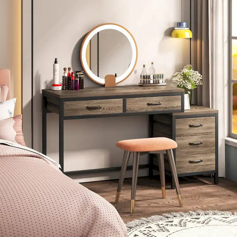 5 Drawers Computer Desk, Study Writing Desk with Reversible Filing Cabinet for Home Office