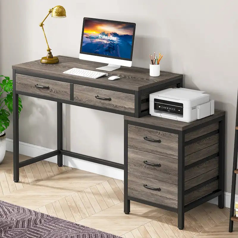 5 Drawers Computer Desk, Study Writing Desk with Reversible Filing Cabinet for Home Office