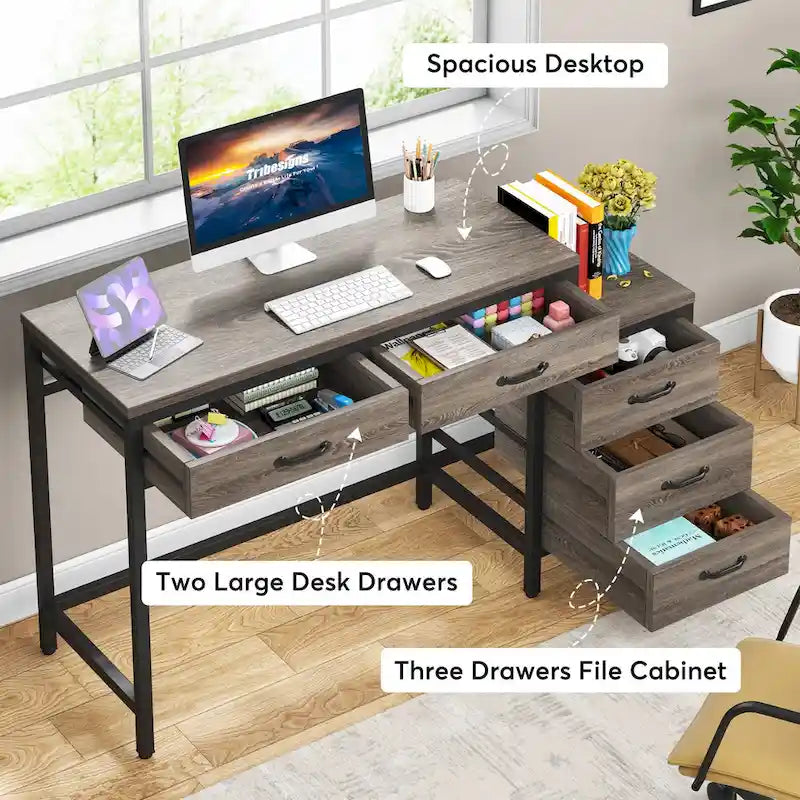 5 Drawers Computer Desk, Study Writing Desk with Reversible Filing Cabinet for Home Office