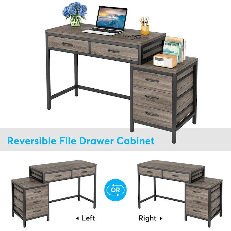 5 Drawers Computer Desk, Study Writing Desk with Reversible Filing Cabinet for Home Office