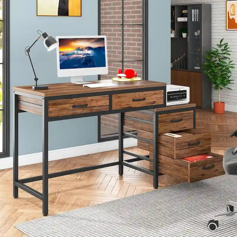 5 Drawers Computer Desk, Study Writing Desk with Reversible Filing Cabinet for Home Office