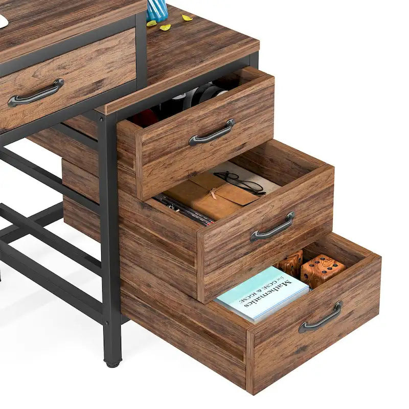 5 Drawers Computer Desk, Study Writing Desk with Reversible Filing Cabinet for Home Office
