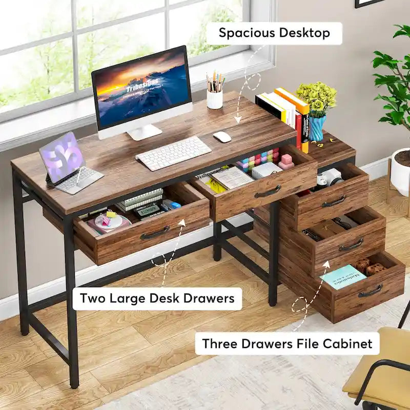 5 Drawers Computer Desk, Study Writing Desk with Reversible Filing Cabinet for Home Office