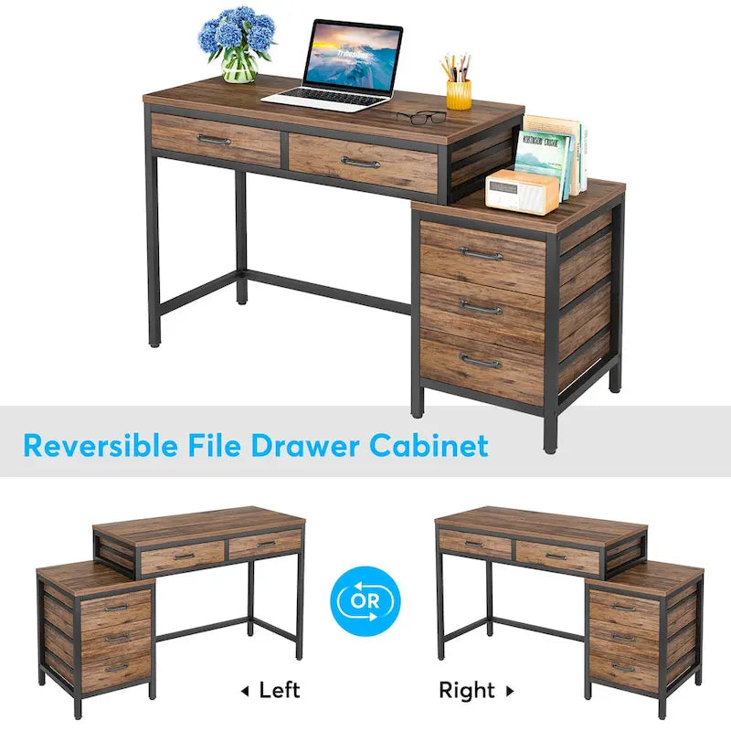 5 Drawers Computer Desk, Study Writing Desk with Reversible Filing Cabinet for Home Office