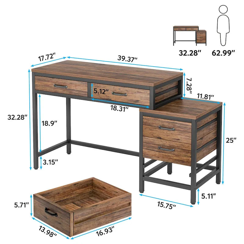 5 Drawers Computer Desk, Study Writing Desk with Reversible Filing Cabinet for Home Office