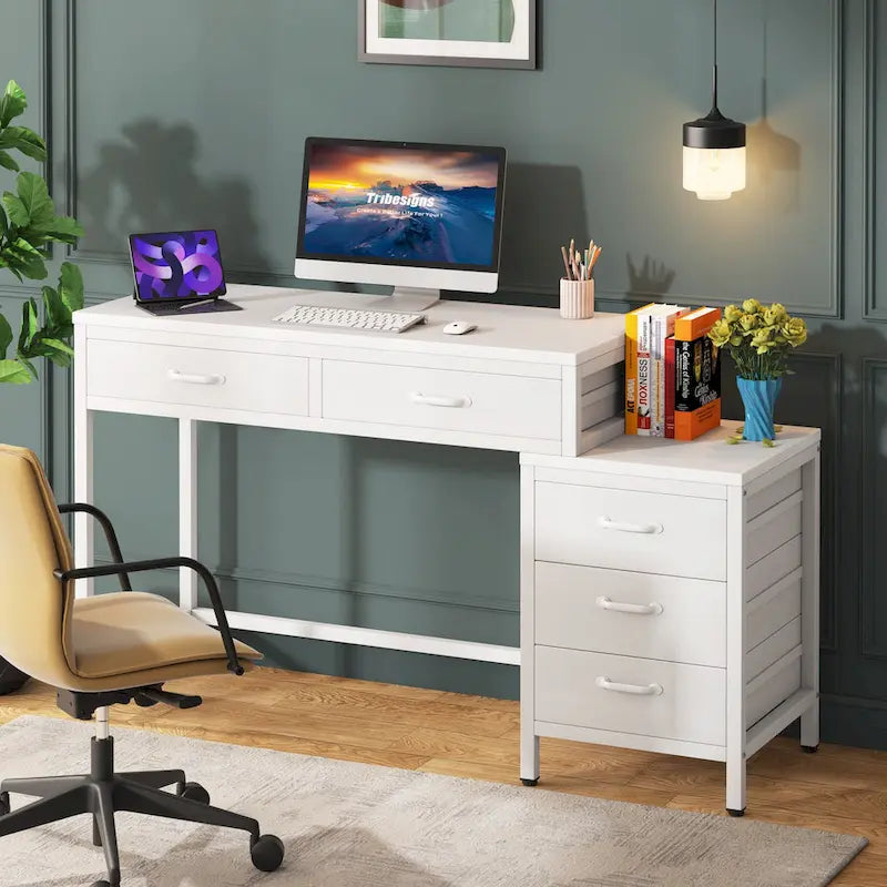 5 Drawers Computer Desk, Study Writing Desk with Reversible Filing Cabinet for Home Office