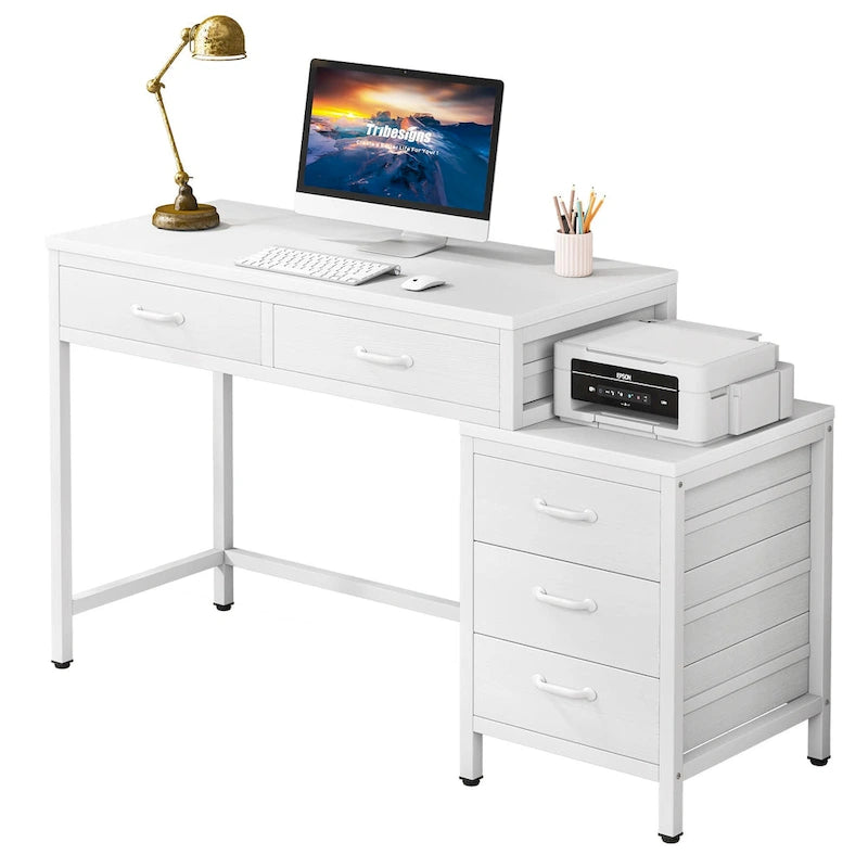 5 Drawers Computer Desk, Study Writing Desk with Reversible Filing Cabinet for Home Office