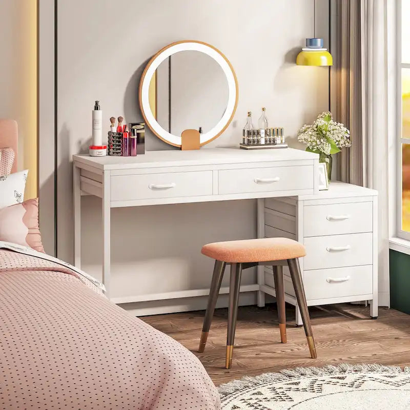 5 Drawers Computer Desk, Study Writing Desk with Reversible Filing Cabinet for Home Office