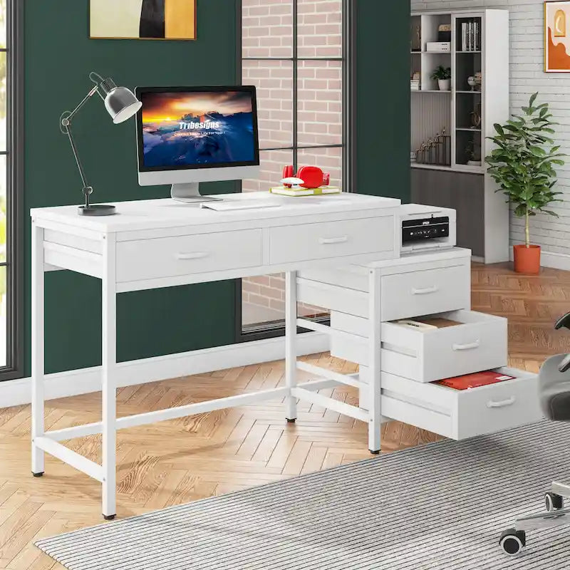 5 Drawers Computer Desk, Study Writing Desk with Reversible Filing Cabinet for Home Office