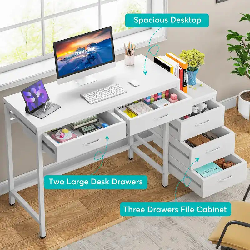 5 Drawers Computer Desk, Study Writing Desk with Reversible Filing Cabinet for Home Office