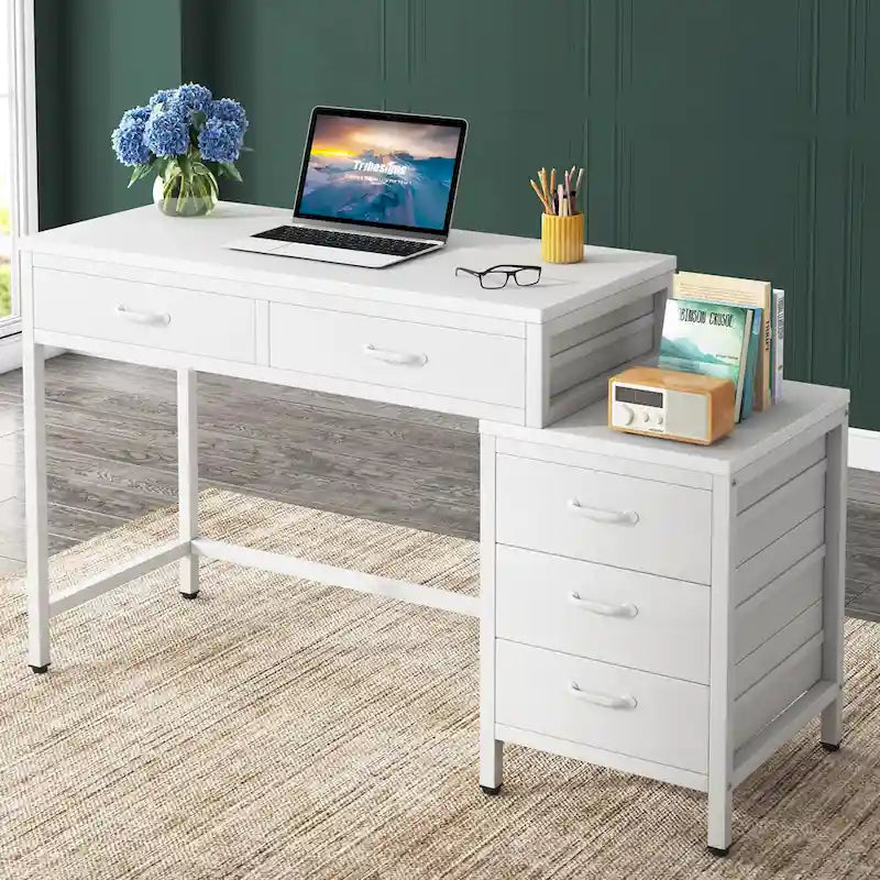 5 Drawers Computer Desk, Study Writing Desk with Reversible Filing Cabinet for Home Office