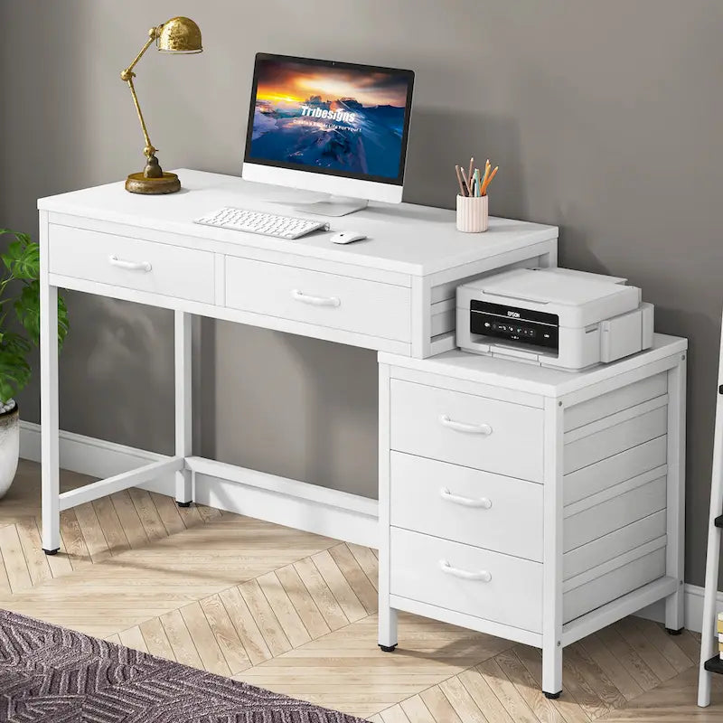 5 Drawers Computer Desk, Study Writing Desk with Reversible Filing Cabinet for Home Office