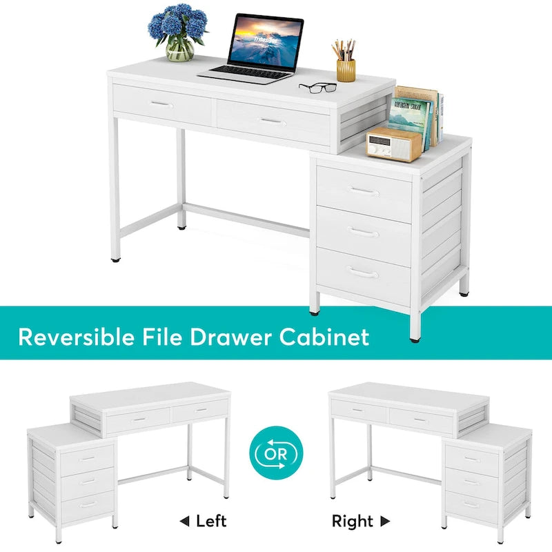5 Drawers Computer Desk, Study Writing Desk with Reversible Filing Cabinet for Home Office
