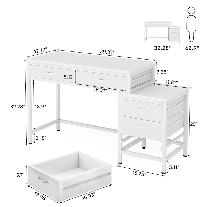 5 Drawers Computer Desk, Study Writing Desk with Reversible Filing Cabinet for Home Office