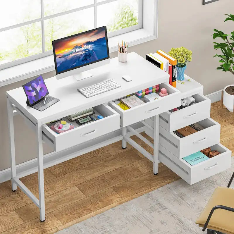 5 Drawers Computer Desk, Study Writing Desk with Reversible Filing Cabinet for Home Office