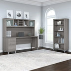 Bureau de 72 po de large avec huche et bibliothèque à 5 étagères Somerset, gris cendré