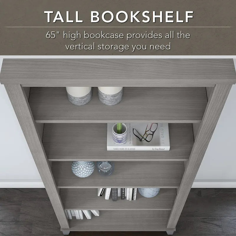 Bureau de 72 po de large avec huche et bibliothèque à 5 étagères Somerset, gris cendré
