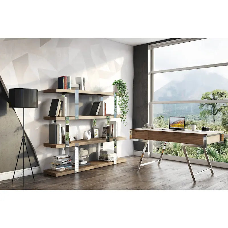 Modrest Brewer Modern Walnut Glass & Stainless Steel Bookshelf