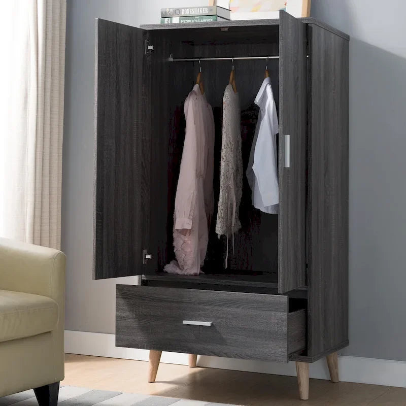 DH BASIC Mid-Century Modern Distressed Grey 1-Drawer Wardrobe Armoire by Denhour