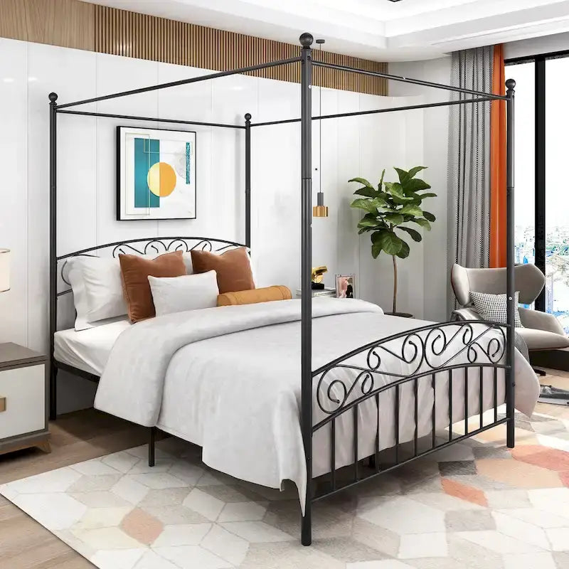 Metal Canopy Bed Frame with Ornate European Style Headboard & Footboard Sturdy Steel Fits Your Mattress Easy DIY