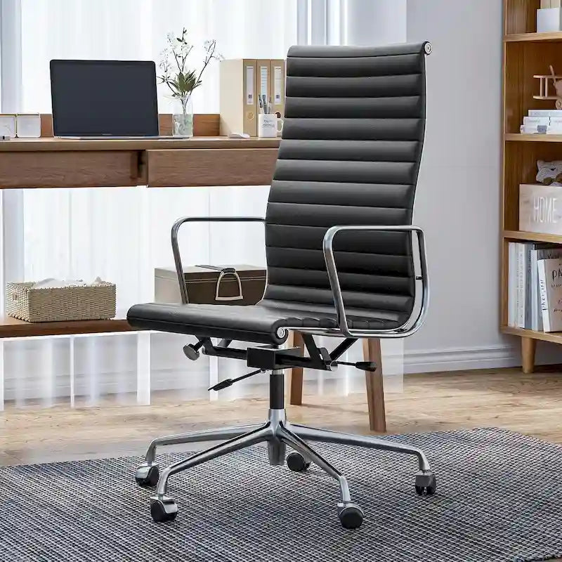 High Back Ergonomic Genuine Leather Ribbed Office Computer Chair - N/A
